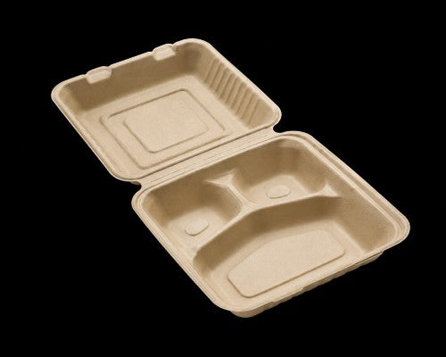 8" × 8" Brown Sugarcane 3-Compartment Clamshell Box – Item #29993