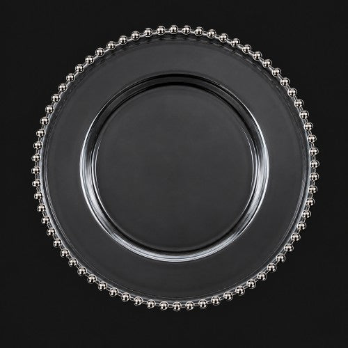 13" Silver Beaded Clear Plastic Charger Plate - Item #65462
