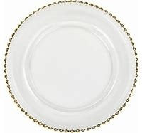 13" Clear Plastic Charger Plate with Gold Beaded Rim – Item #65463