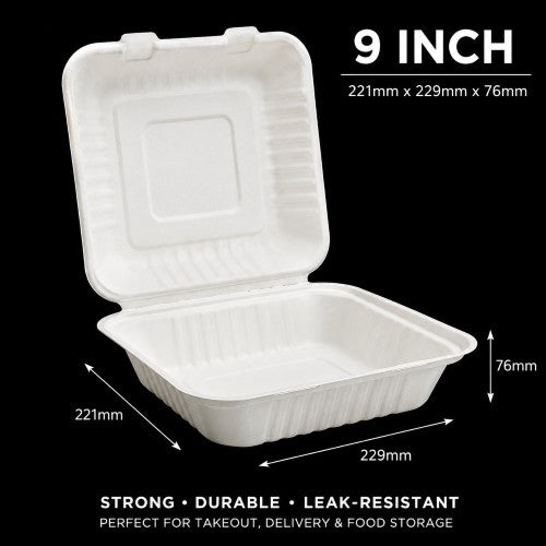 9" × 9" 3-Compartment Bagasse Clamshell – Item #29995-1