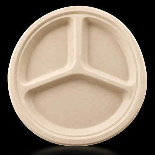10" Round 3-Compartment Brown Sugarcane Plate – Item #300014