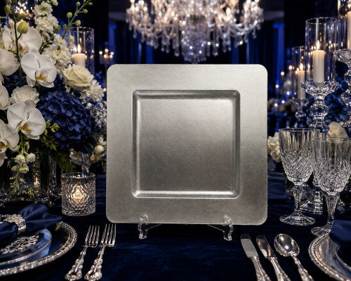 13" Metallic Silver Square Plastic Charger Plate – Item #51366