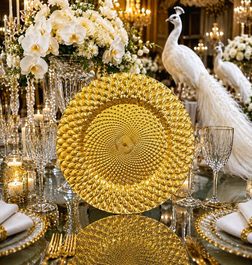 13" Gold Peacock Plastic Charger Plate - Item #53736-1
