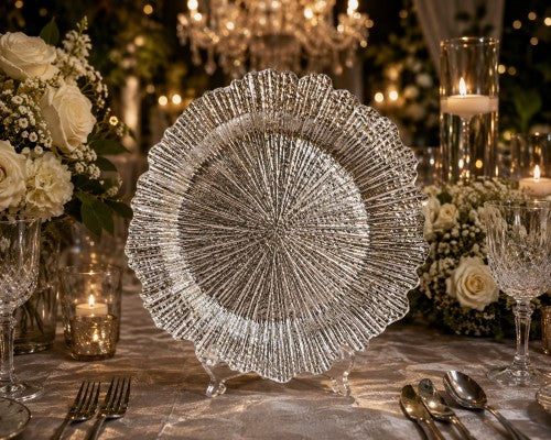 13" Silver Sunburst Plastic Charger Plate - Item #53739-1 & 53739-2