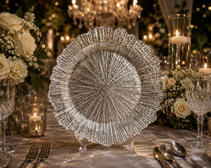 13" Silver Sunburst Plastic Charger Plate - Item #53739-1 & 53739-2