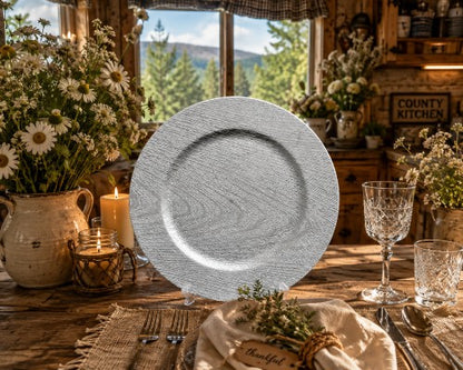 13" Silver Faux Wood Plastic Charger Plate - Item #54406