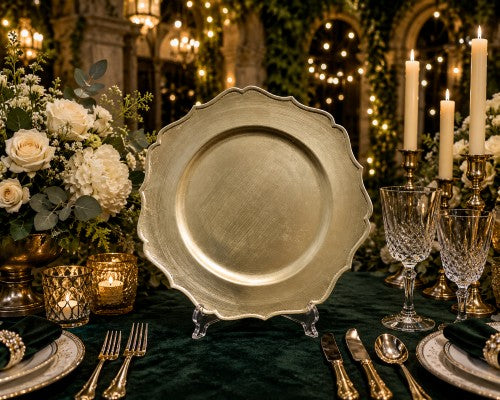 13" Gold Scalloped Rim Matted Plastic Charger Plate - Item #54413