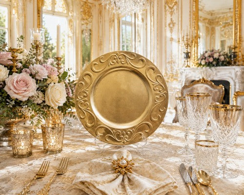 13" Gold Gilded Bow Plastic Charger Plate - Item #54415