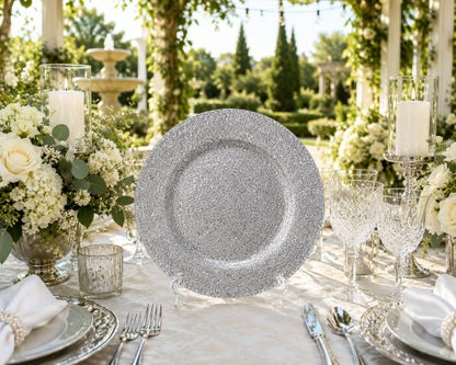 13" Silver Glitter Plastic Charger Plate - Item #54418