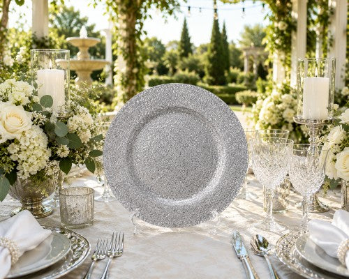 13" Silver Glitter Plastic Charger Plate - Item #54418