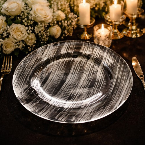 13" Silver Foil Brush Glass Charger Plate - Item #54763-1
