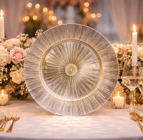 13" Gold Fluted Sunburst Glass Charger Plate - Item #570004-1