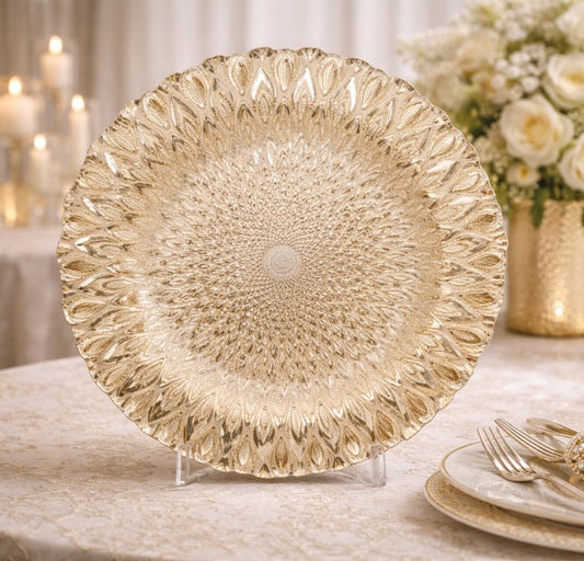 13" Gold Peacock Embossed Glass Charger Plate - Item #570011-2
