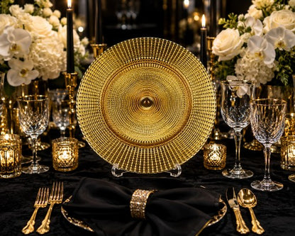 13" Gold Grid Studded Plastic Charger Plate - Item #59716