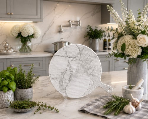 12" Round Marble-Look Handled Food Board – 100% Melamine Item #59725