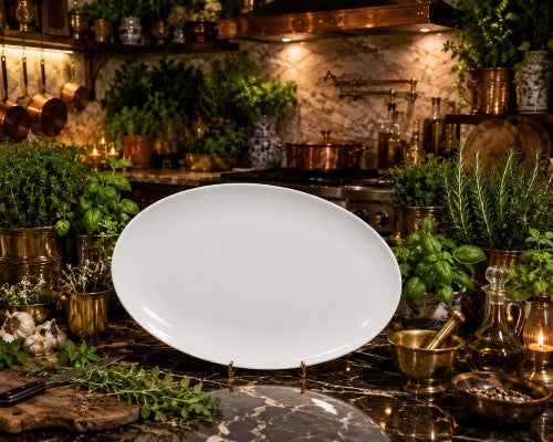 14" × 9.75" White Oval Melamine Plate - Item #65004