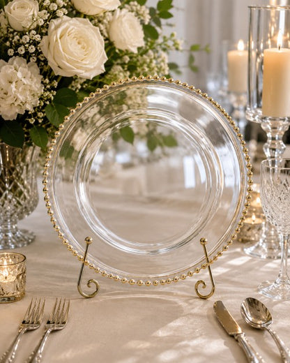 13" Clear Plastic Charger Plate with Gold Beaded Rim – Item #65463