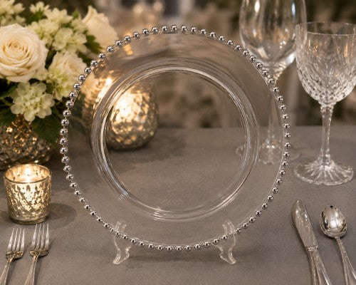 13" Silver Beaded Clear Plastic Charger Plate - Item #65462