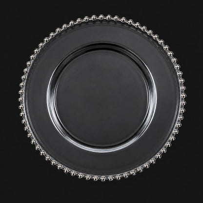 13" Silver Beaded Clear Plastic Charger Plate - Item #65462