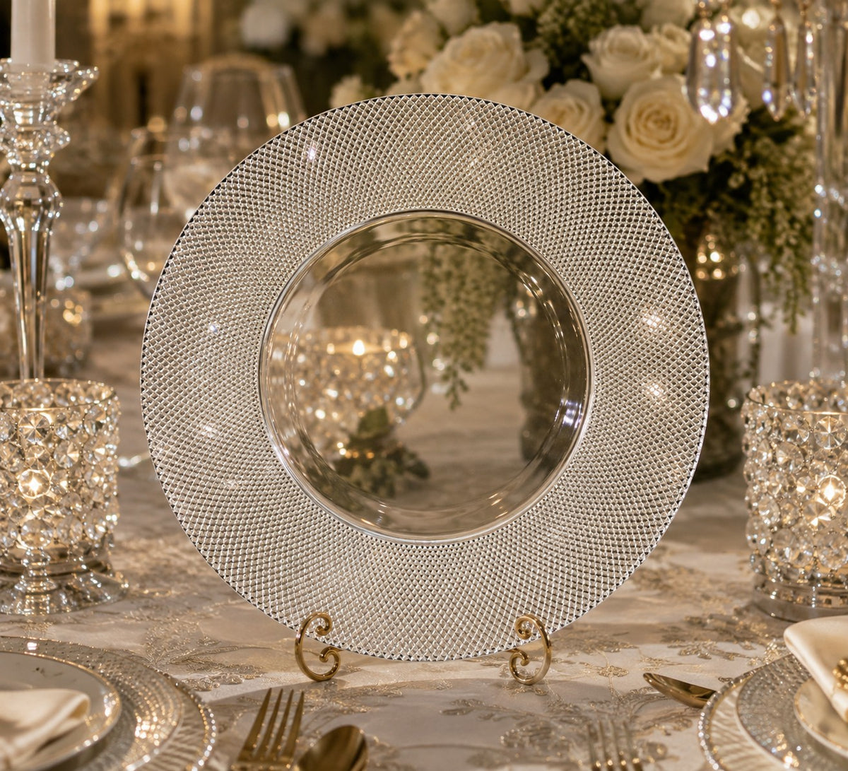 13" Silver Diamond Rim Glass Charger Plate - Item #65410