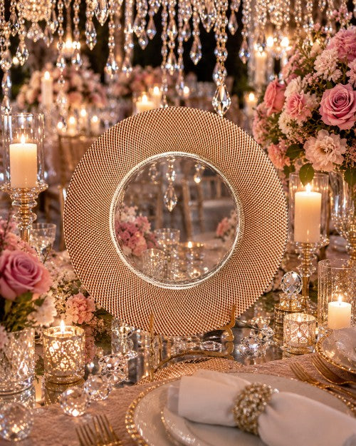 13" Rose Gold Diamond Rim Glass Charger Plate - Item #65411