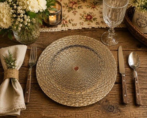 13" Gold Woven Plastic Charger Plate – Item #65455