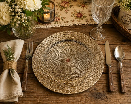 13" Gold Woven Plastic Charger Plate – Item #65455