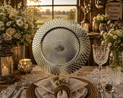 13" Gold Diamond Peacock Plastic Charger Plate - Item #65457
