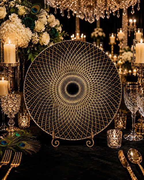 13" Black & Gold Peacock Glass Charger Plate - Item #66057