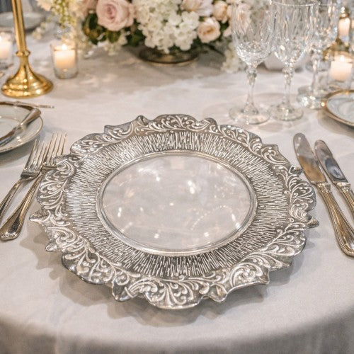 13" Silver Clear Sunbeam Embossed Glass Charger Plate - Item #66059