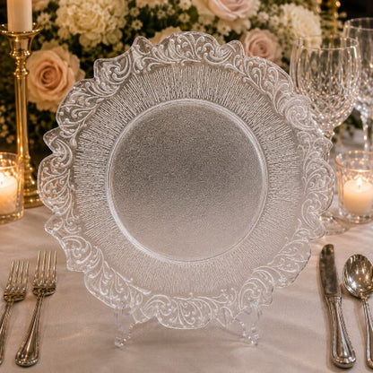13" Silver Clear Sunbeam Embossed Glass Charger Plate - Item #66059