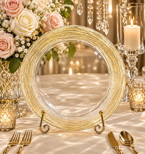 13" Gold Twig Rim Clear Glass Charger Plate - Item #66062