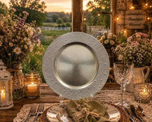 13" Gold Stone Rim Bead Plastic Charger Plate - Item #66356