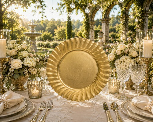 13" Gold Swirl Rim Plastic Charger Plate - Item #66360