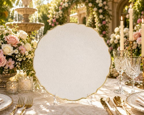 13" White Scalloped Gold Trim Plastic Charger Plate - Item #67097