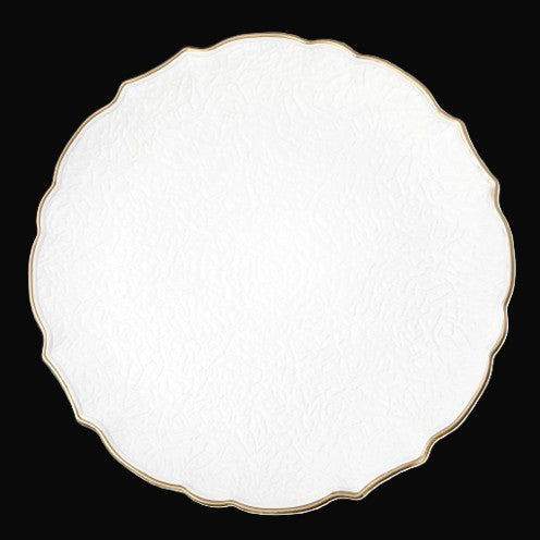 13" White Scalloped Gold Trim Plastic Charger Plate - Item #67097