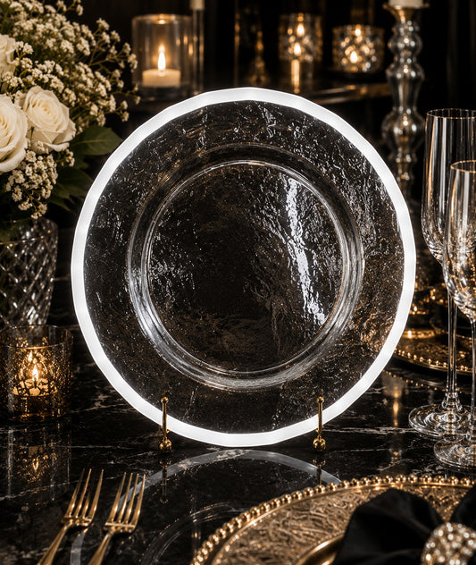 13" Clear White Rim Glass Charger Plate - Item #68278