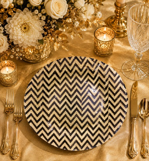 11" Zigzag Gold Black Dinner Plate - Item #68321